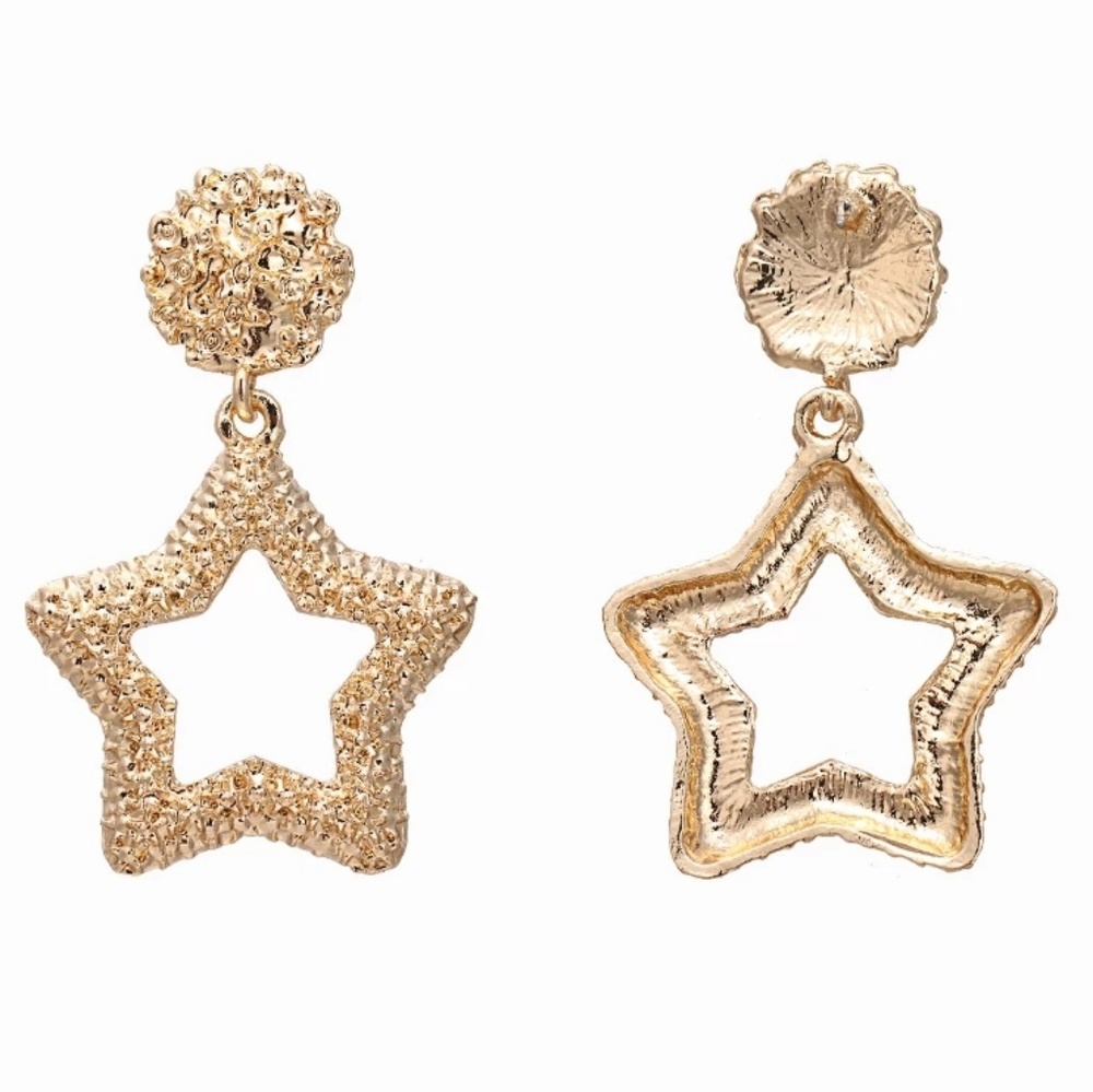 Gold Geometric Star Shaped Dangle Fashion Earrings Womens Drop Textured Metal - Picture 3 of 4